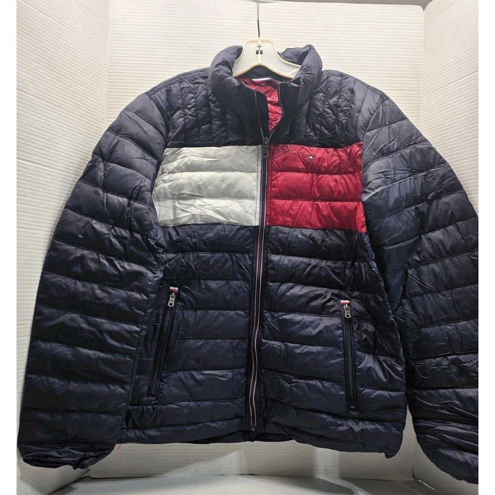 Tommy‎ Hilfiger Mens Medium Packable Puffer Jacket Blue Red White Easy Care